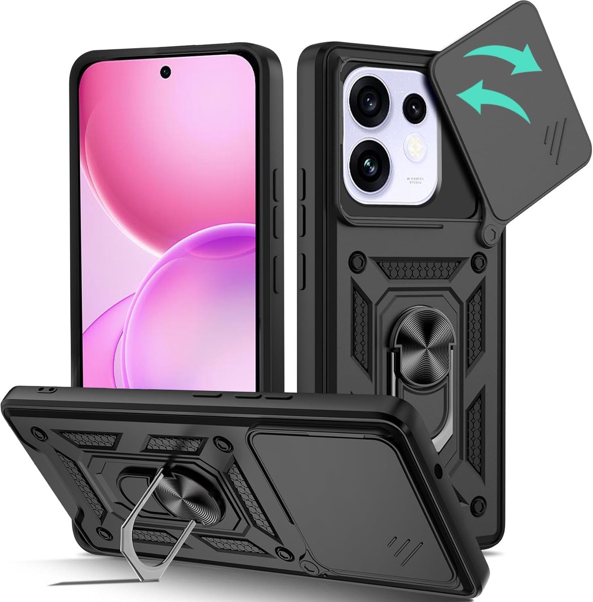 Zandarix Hoesje Geschikt voor Oppo Reno 16 / 16 Pro - Camerabescherming - Ringhouder - Hard PC - Schokbestendig - Kickstand - Back Cover Hoesje - Zwart