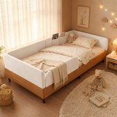 Kinderbed 90x200 cm - Eenpersoonsbed - Gestoffeerd bed - Vloerbed - Met opbergtas - Volledig beklede vangrail - Ontwerp van fluweel en hout - Zacht en schokbestendig - Wit