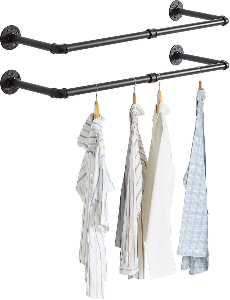 Set van 2 Wandgemonteerde Kledingrails van 94 cm, Industrieel Ontwerp voor Thuis en Winkels, Stevige Retro Kledinghanger en Display Rail