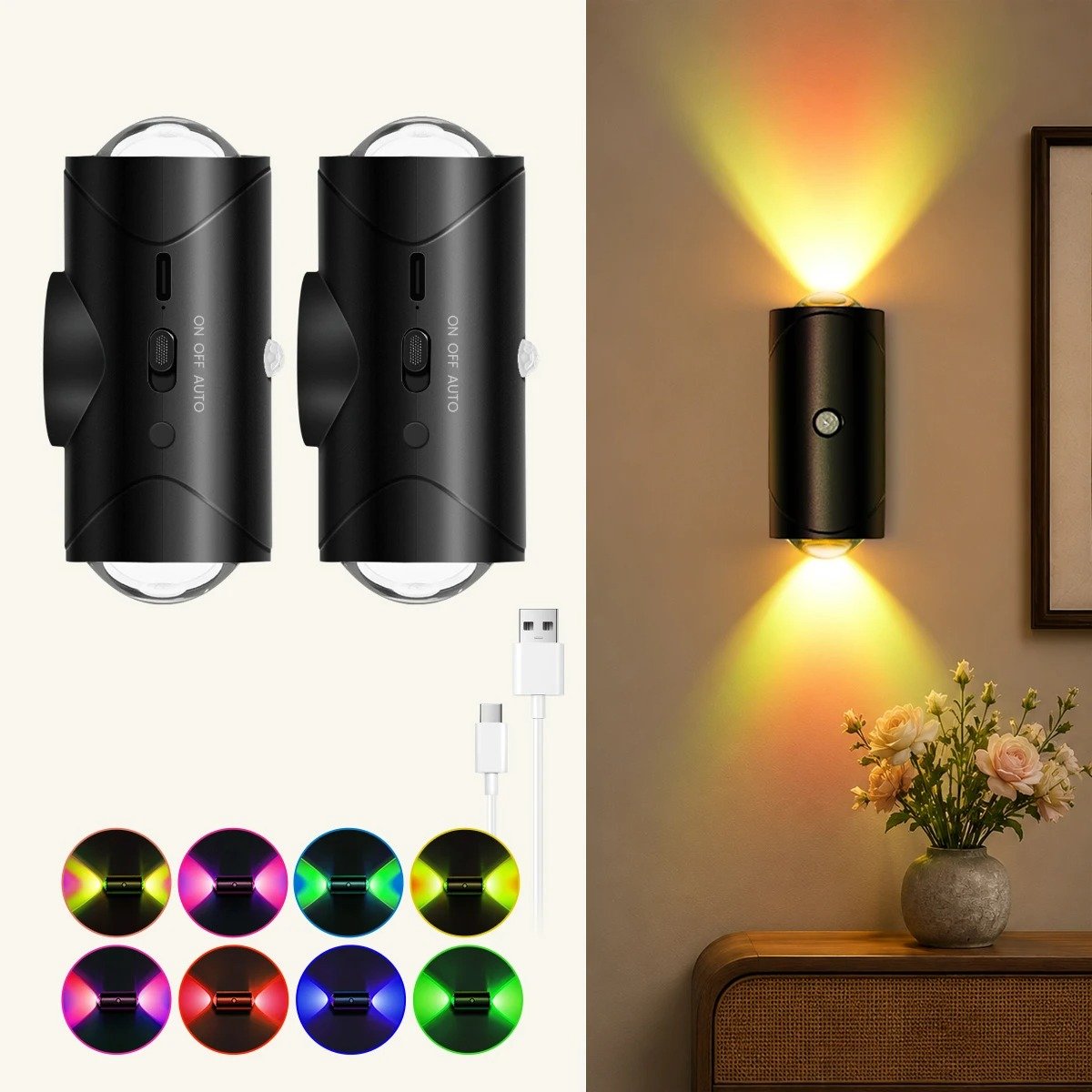 Innovastore Wandlamp - RGB Magnetische Wandlamp - Oplaadbare wandlamp - Upside down light - Bewegingssensor - 2 stuks - Zwart
