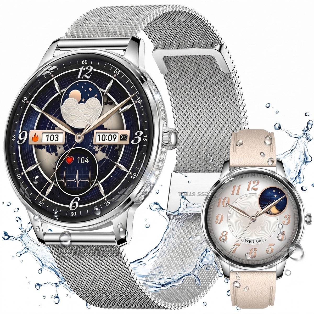 VASHOY HK38 - Smartwatch Dames - Horloge Dames - Full Screen - Bluetooth Spraakassistent – Hartslag, Bloeddruk, Stress, Slaap, Stappenteller - IP68 -Geschikt voor iOS/Android - Zilver