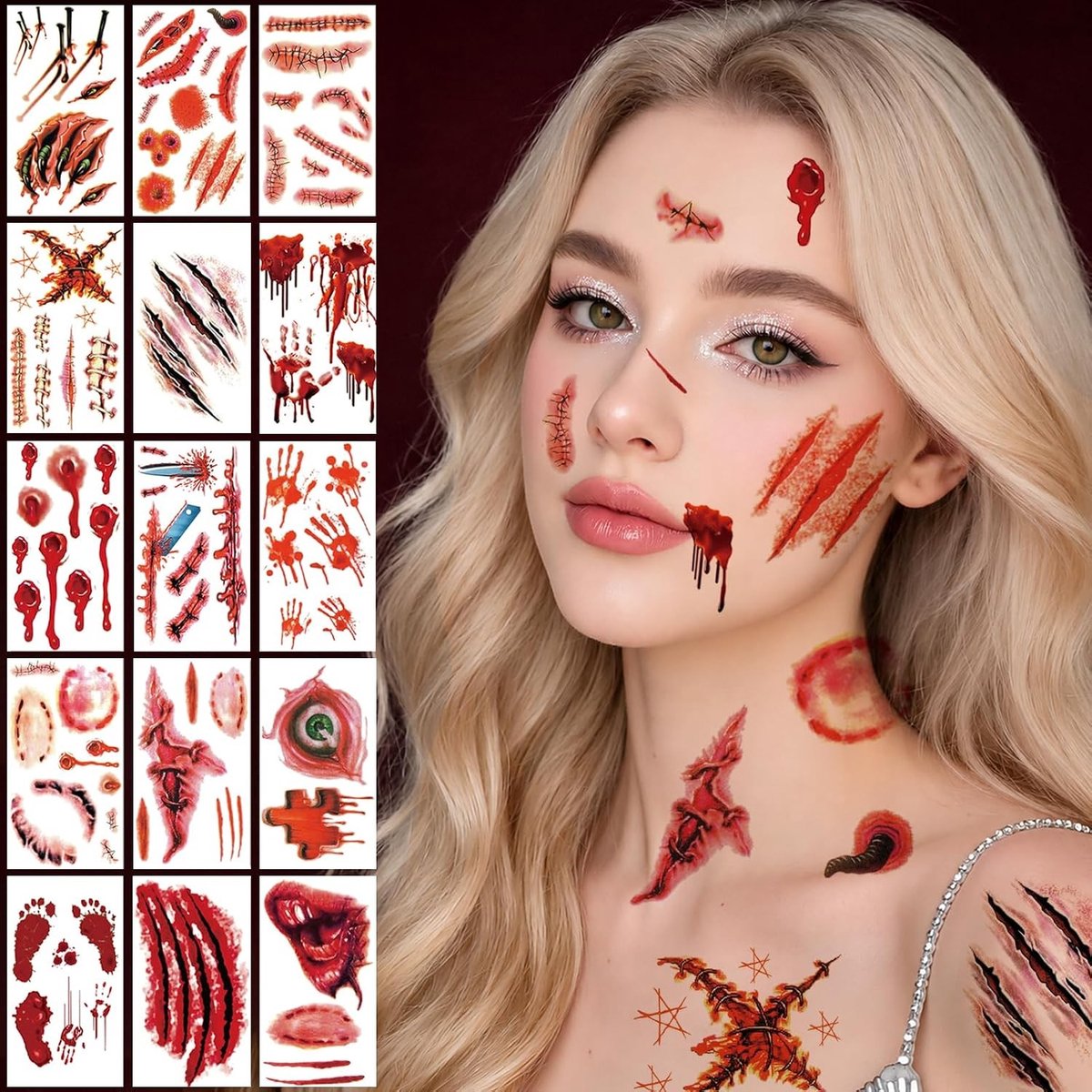 15 Nep Tattoos voor Halloween, Realistische Littekens en Bloederige Wonden voor Feestjes