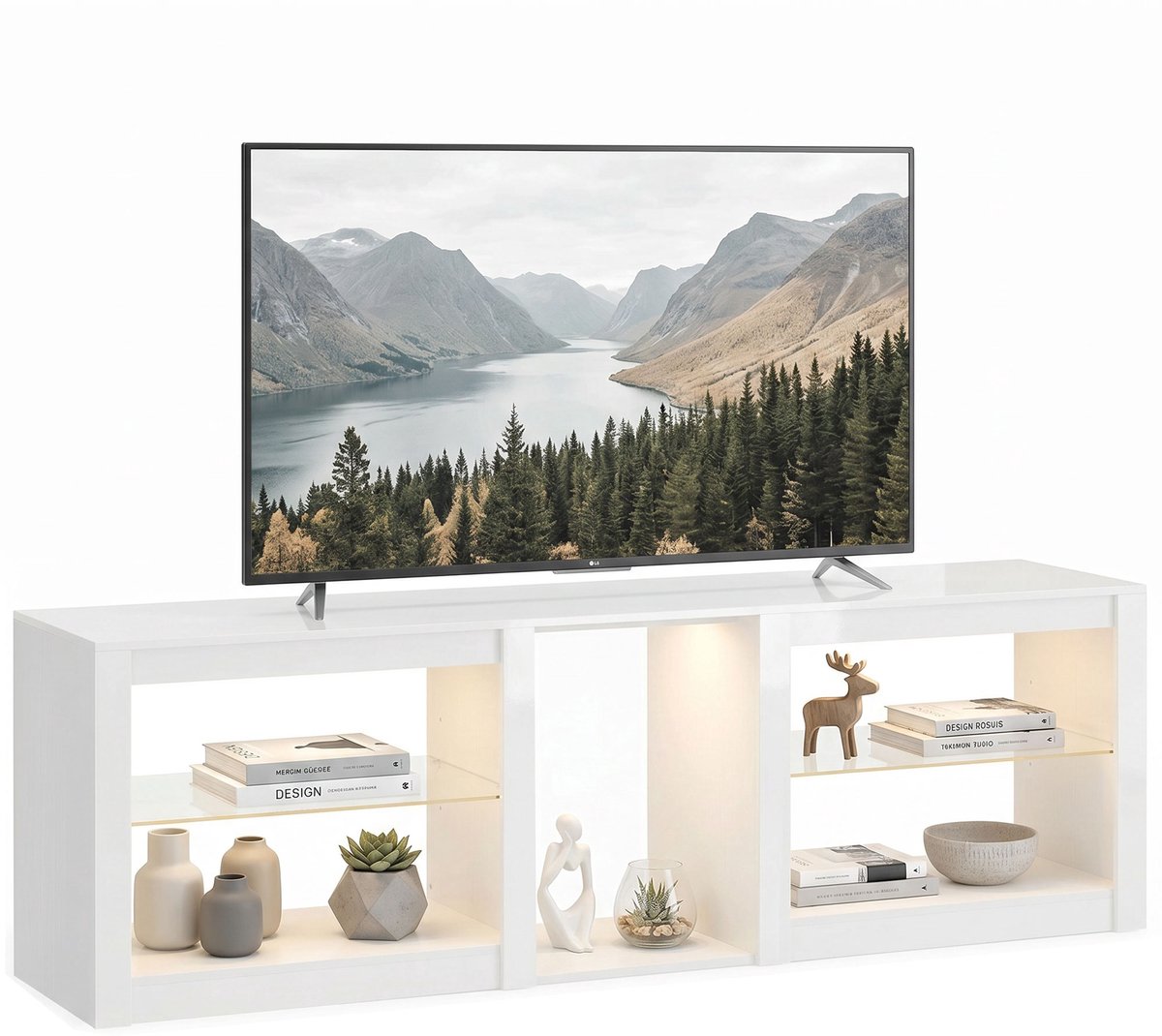 ECTEATOY® Modern TV-Meubel - met RGB LED-Verlichting - TV-Kast 160 cm - Voor TV's tot 75 Inch - Verstelbare Glasplaten - Wit