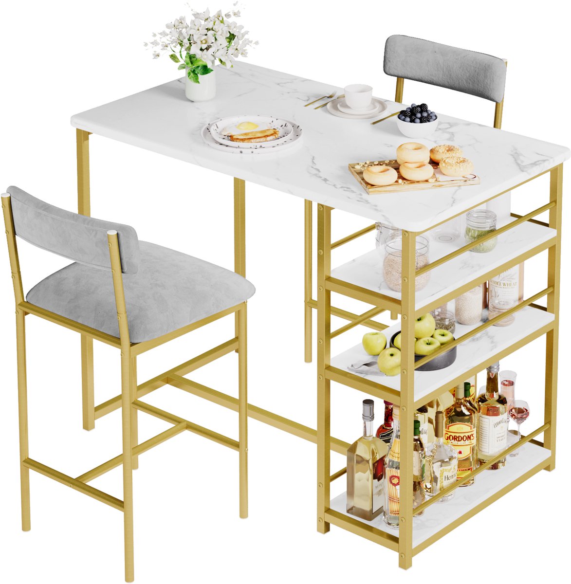 3-delig Eettafel Set - 91x50x91cm - Bartafel met Opbergrekken - 2 Beklede Stoelen met Rugleuning - Compact voor Restaurant Appartement of Bistro - Grijs + Goud