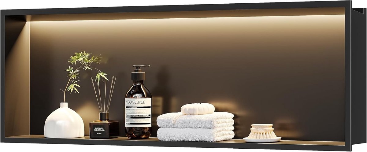 Wandnische Douche - Zwart - 90 x 30 cm - Roestvrij Staal met LED Licht - Voor Badkameropslag