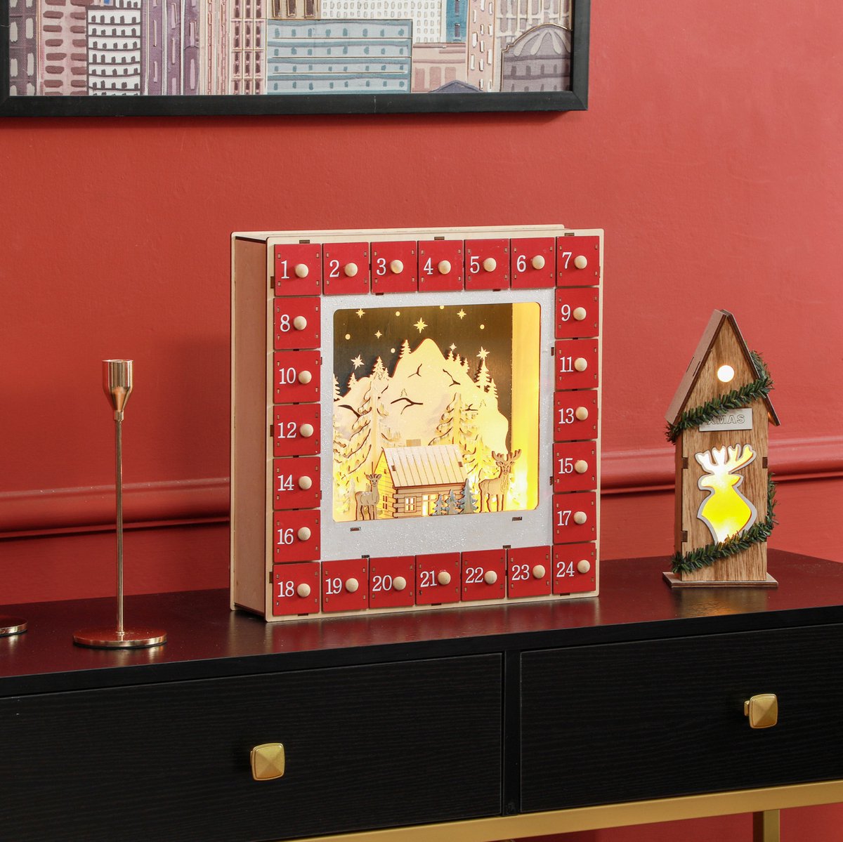 REDOM - Befulbare adventskalender met 24 lades - Ingebouwde LED-verlichting - Winterse kerstscène - Voor binnen op tafel of dressoir - MDF - Rood - 34 x 7 x 34 cm
