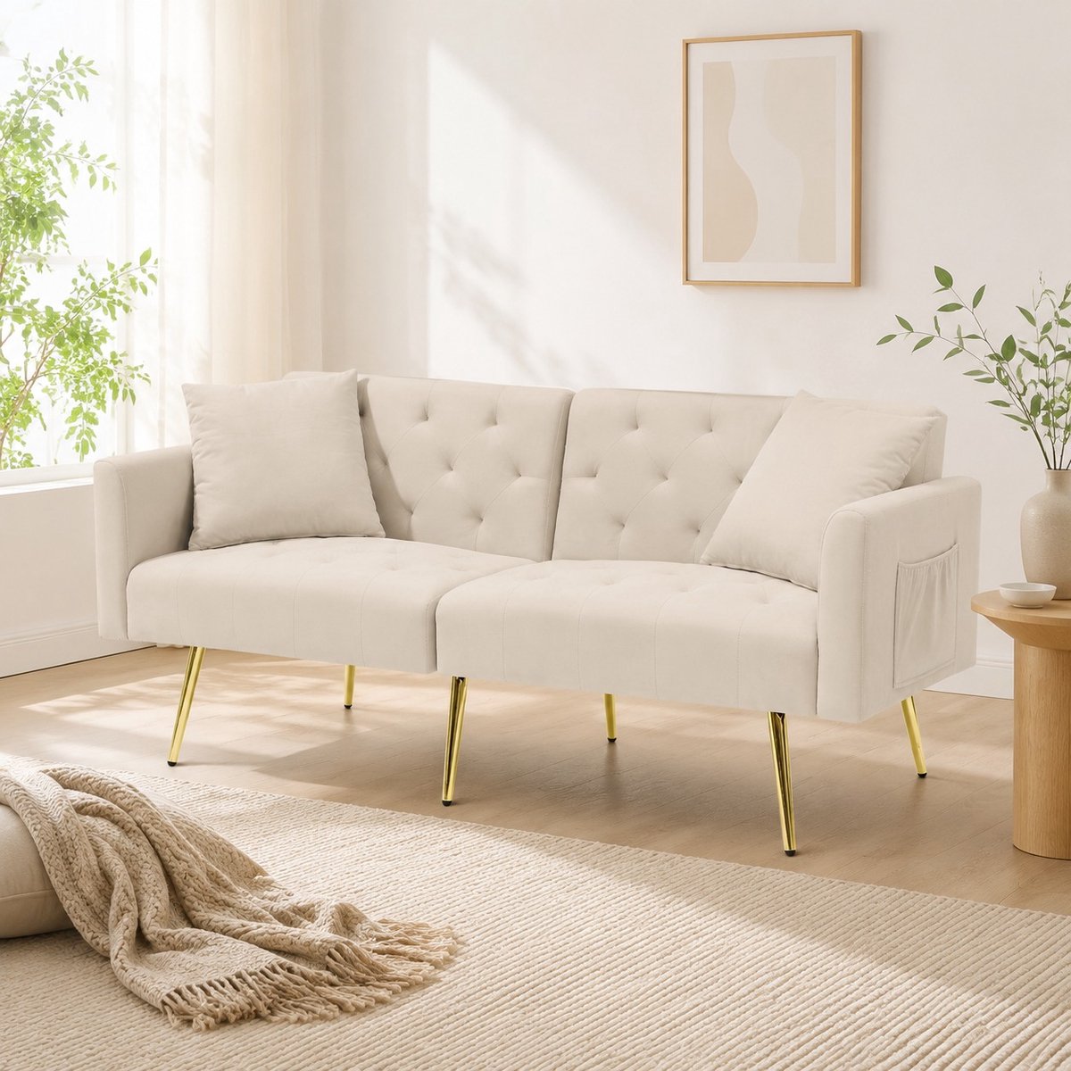 Wishdor Slaapbank 2-zits - Verstelbare rugleuning - Sammet - Gecapitonneerd - Met 2 kussens - Metalen poten - Beige - 177 x 78 x 74 cm