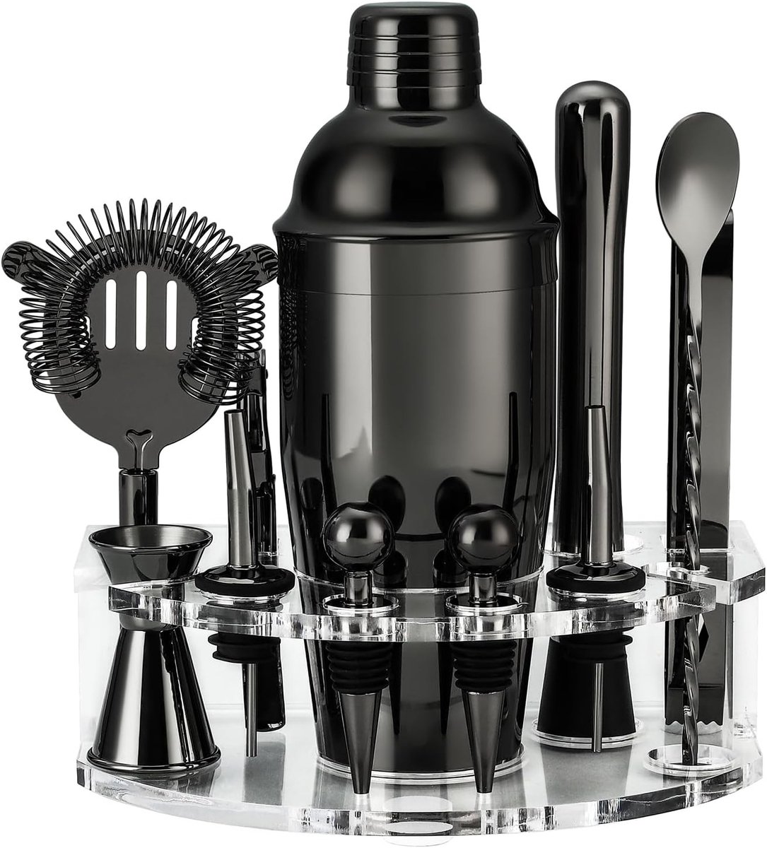 Cocktail Shaker Set - Zwart - 600 ml - Roestvrijstalen Baraccessoires met Acryl Standaard - Voor Cocktailliefhebbers