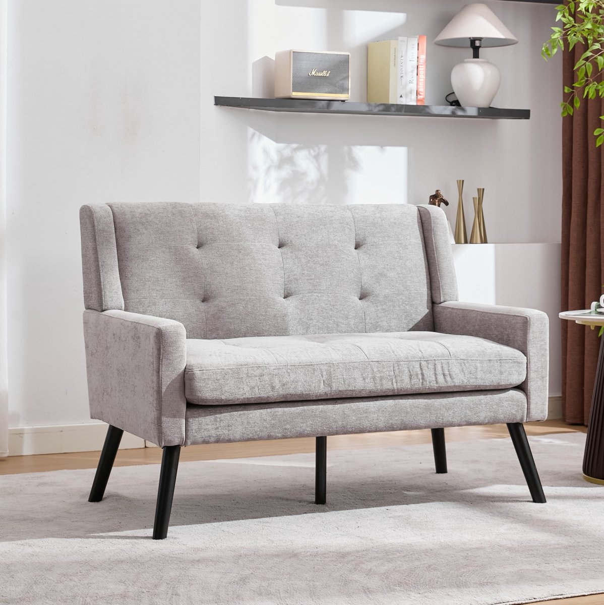 Wishdor Zitbank - 2-zits - Lichtgrijs linnen - Massief houten poten - Tufting - Met armleuningen - Voor woonkamer, slaapkamer en kantoor - 119 x 75 x 88 cm