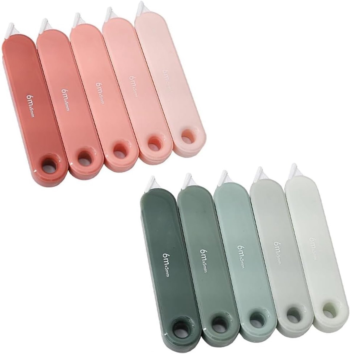Correctierollenset 10 stuks, 5 groen en roze + 5 roze en paars, sneldrogend, scheurvast, inktkiller voor school en kantoor, 5 mm x 5 m