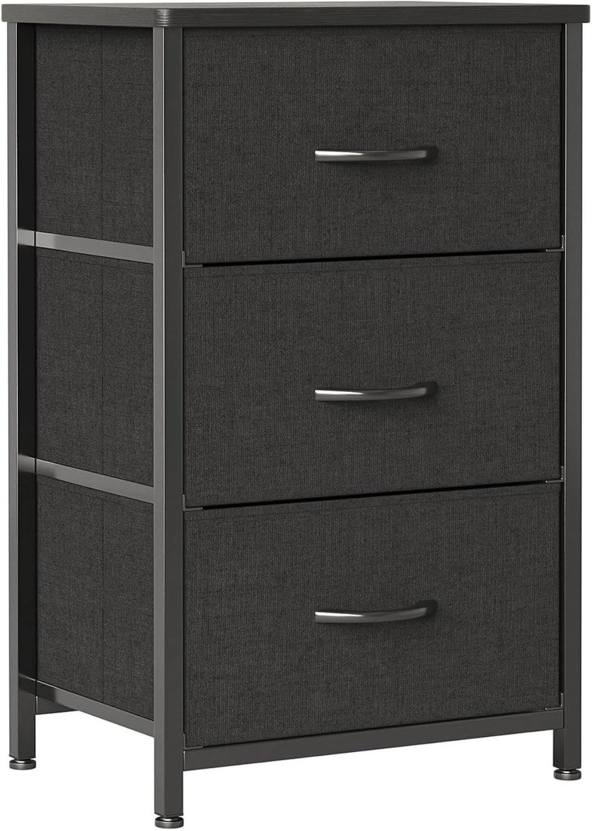 Narrow Bedside Table met 3 Lades, Ruimtebesparende Dressoir van Stof voor Slaapkamer, Woonkamer en Hal, Modern Design in Zwart, Ideaal voor Kleine Ruimtes