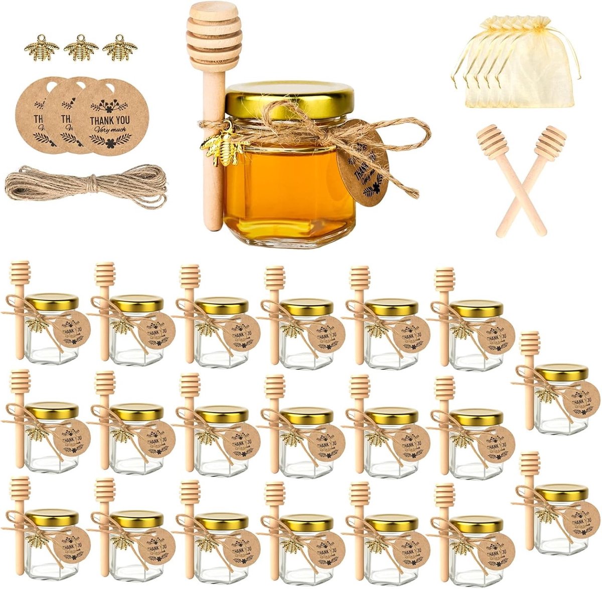 Mini Honingpotjes Set van 20 Stuks met Lepel en Gouden Cadeauzakken voor Babyshowers, Bruiloften en Feesten - Perfecte Honing Geschenken