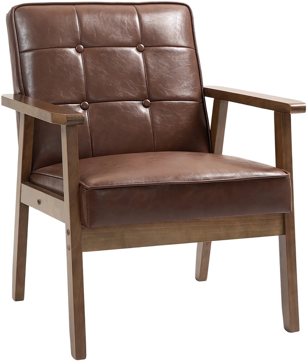 Archi Fauteuil – Stoel - Bruine Lounge Stoel met Armleuningen – Woonkamer Fauteuil - PU Leer – Houten Frame - Vintage – 120 kg