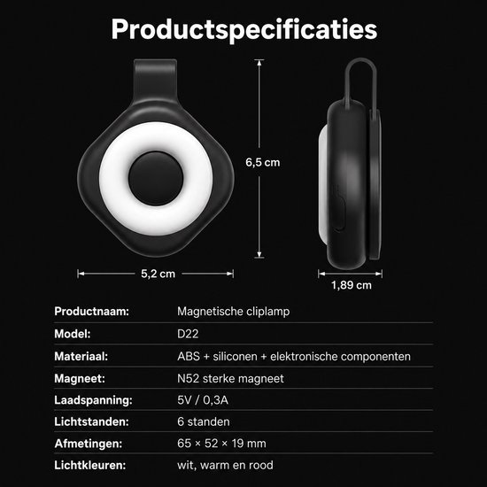 Magnetische LED Lamp met Clip - 3 Lichtkleuren - 6 Lichtstanden - N52 Magneet - USB-C Oplaadbaar — afbeelding 4
