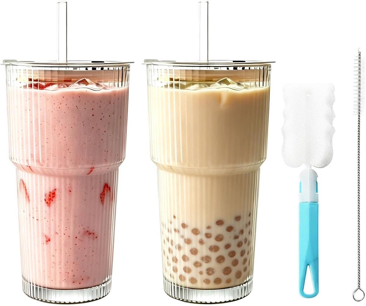 Ribbelglas Drinkbekers met Deksel en Rietje - Set van 2 - 600ml Theeglas voor Matcha en Water, Inclusief Schoonmaakborstel