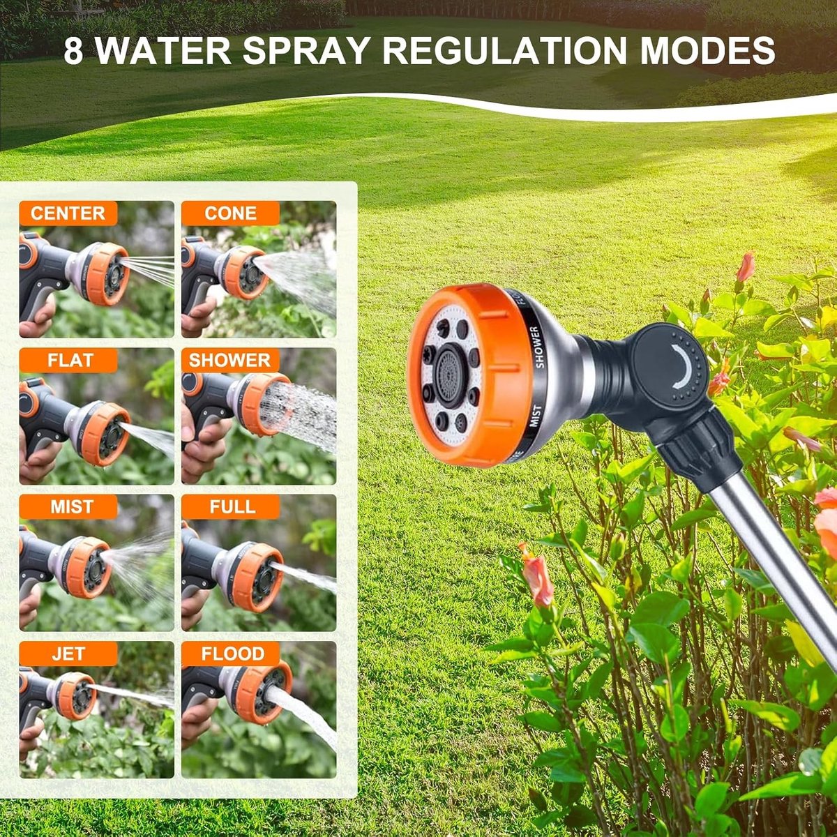 Verlengde Tuinspuit met 8 Spuitstanden, Verstelbare Waterpistool voor Tuinirrigatie, Auto- en Huisdierreiniging, 47 cm Oranje