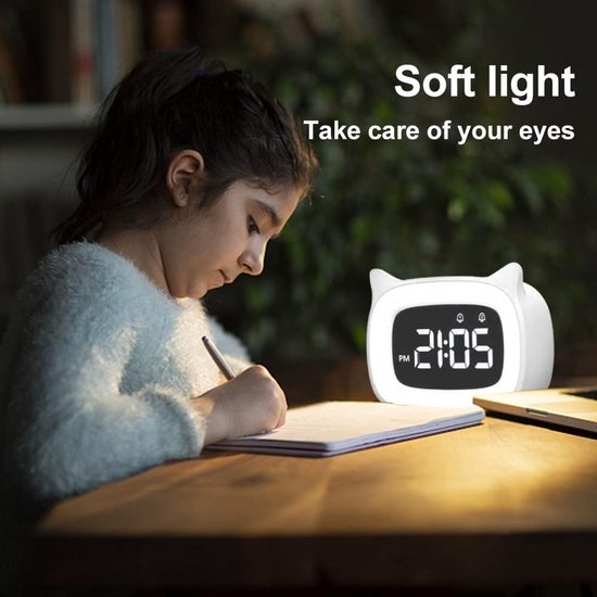 Digitale Wekker - Kinderwekker Nachtlamp - Kinderslaapkamer Inrichten - Intelligente Kattenvorm - Dubbele Alarmen - Wit — afbeelding 5
