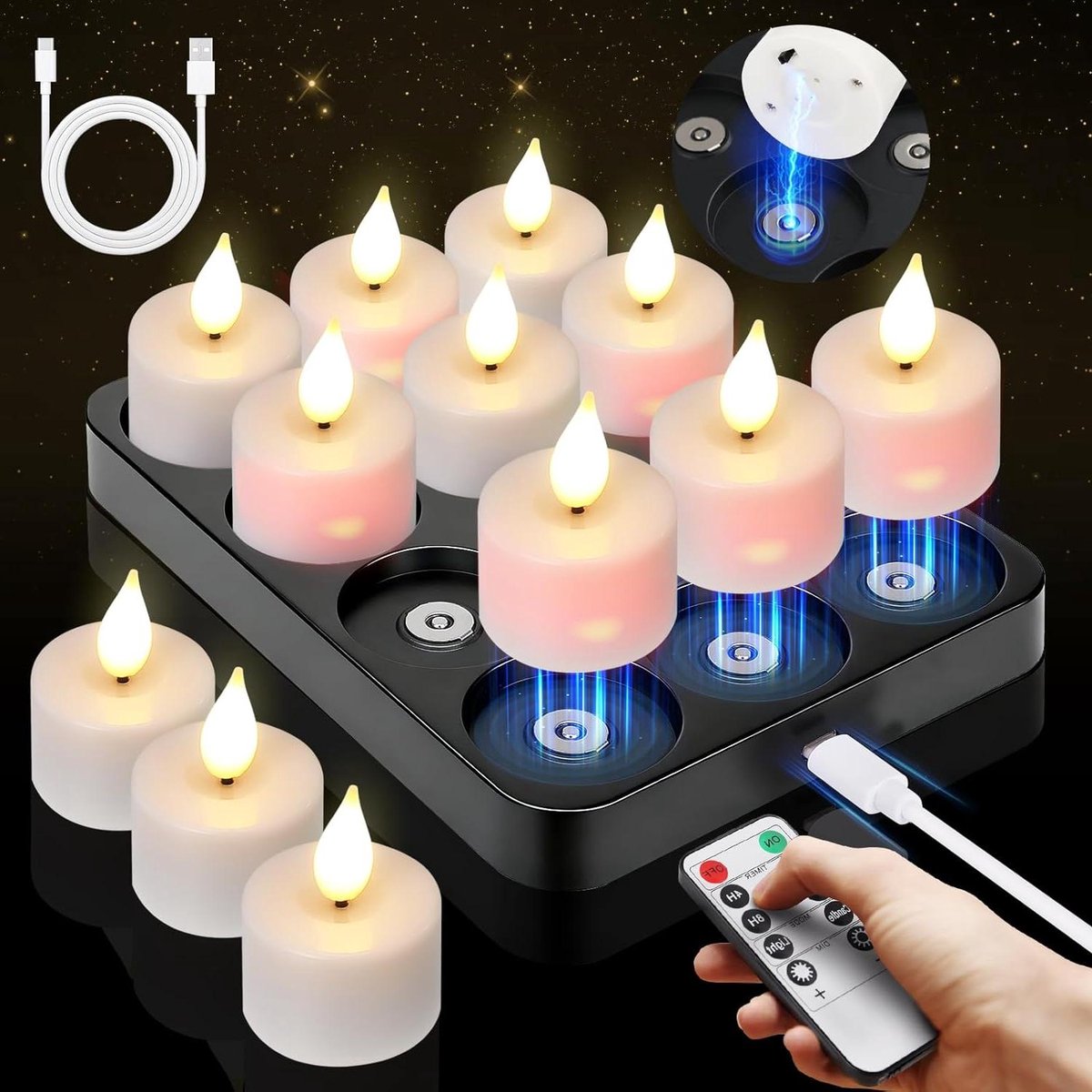Led theelichtjes - Oplaadbare kaarsen - Sfeer creëren - Magnetisch laadstation - Set van 12 - Zwart