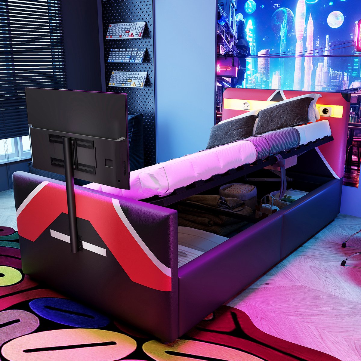Gepolsterd Kinderbed 90x200 cm - Met Opbergruimte - Met LED-verlichting - Zwart