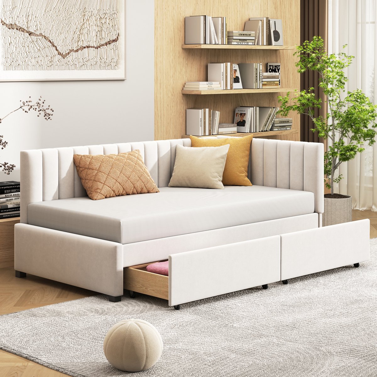 Slaapbank 90x200 cm - Met Opbergruimte - Met Fluweel - Met Hoofdeinde - Met Lades - Beige