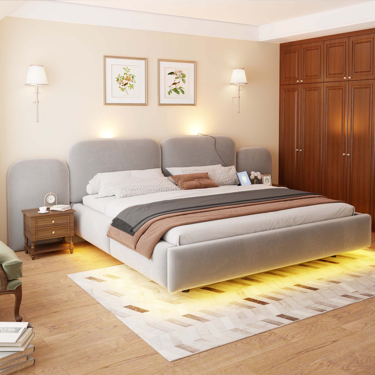 Zubaliya Gepolsterd Bed 180x200 cm Grijs van Fluweel Met LED-verlichting, USB-oplaadpunt
