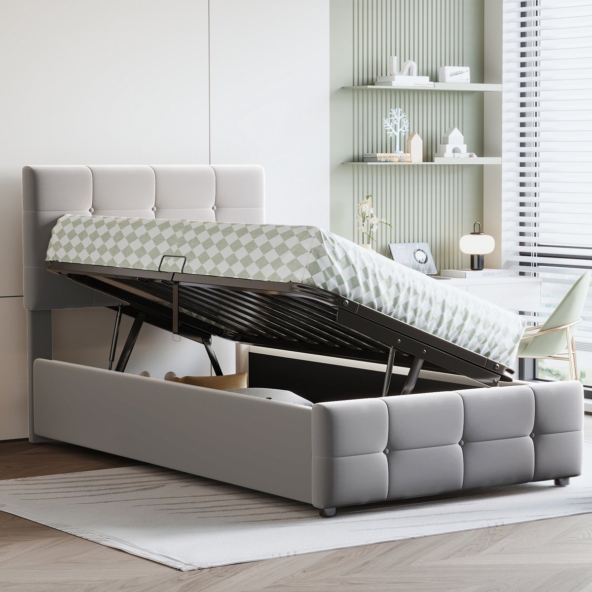 Gepolsterd Kinderbed 90x200 cm - Met Opbergruimte - Met Hoofdeinde - Met Fluweel - Grijs