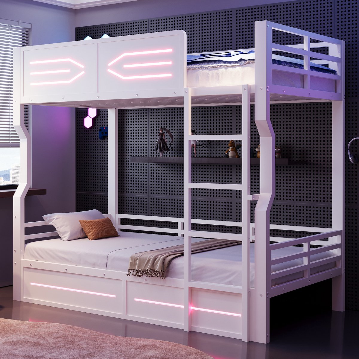 Stapelbed 90x200 cm - Met LED-verlichting - Met Valbeveiliging - Wit