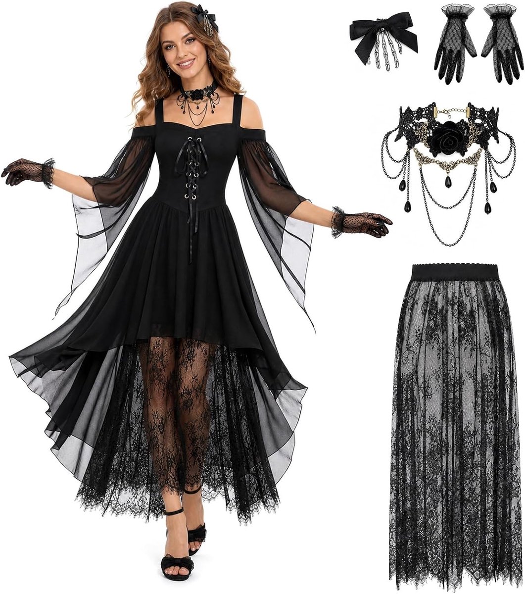 Middeleeuwse jurk voor dames met trompetmouwen, ideaal voor Halloween en themafeesten, gothic stijl