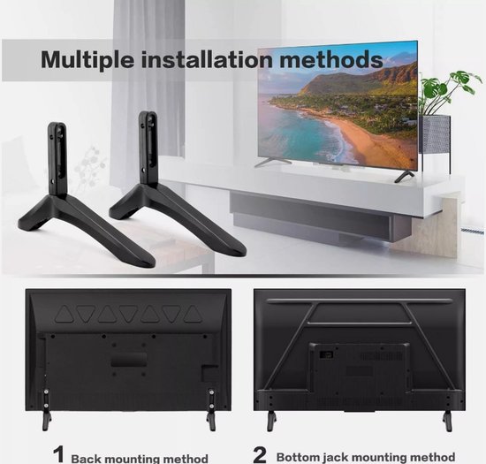 Zwarte TV-standaardpoten in een woonkamer-setting, met installatie-opties.