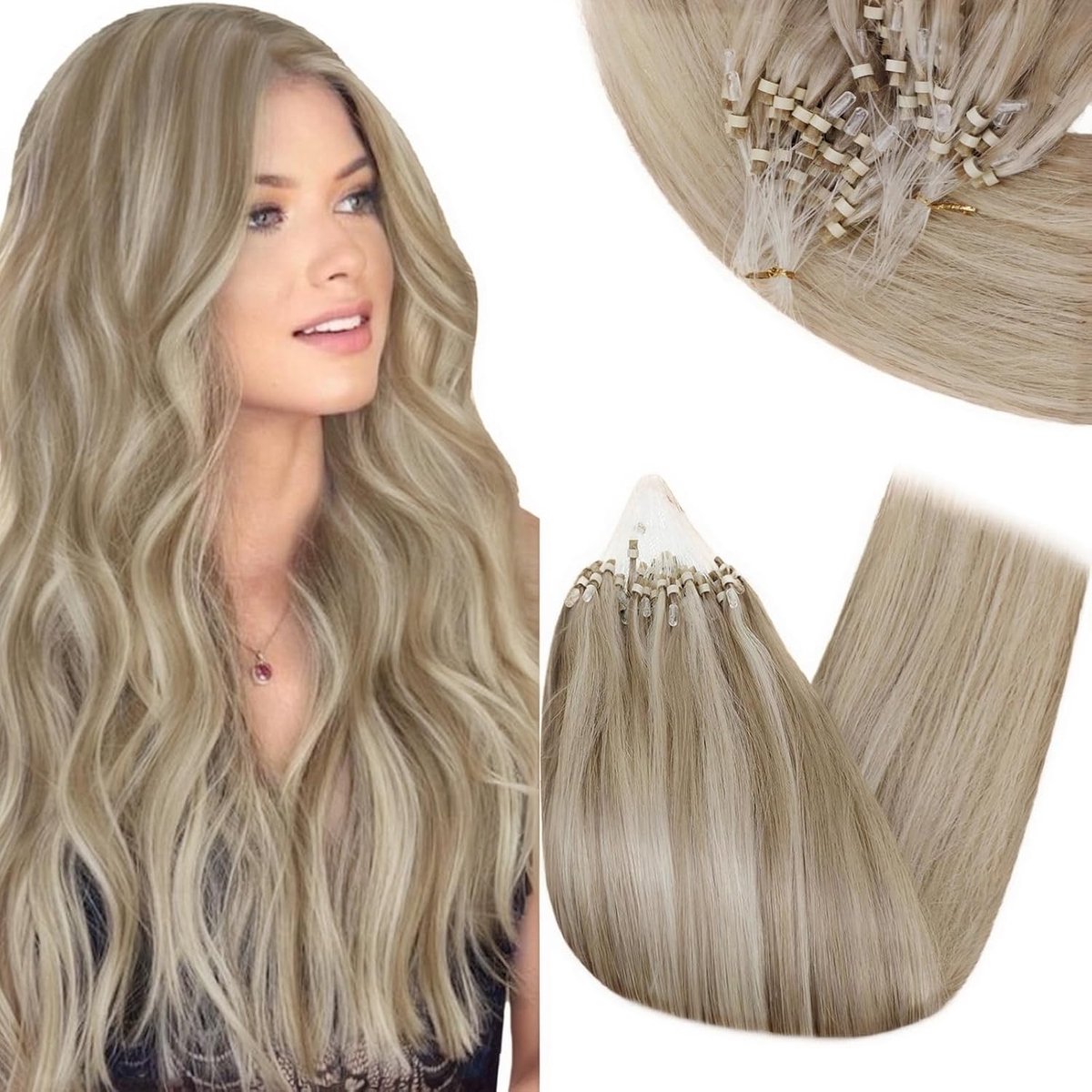 Microring Haar Extensions van Echte Haar met Blonde Highlights - 22 Inch, 50 Strengen, 1g/s #8P60 voor Volumineus en Natuurlijk Haar