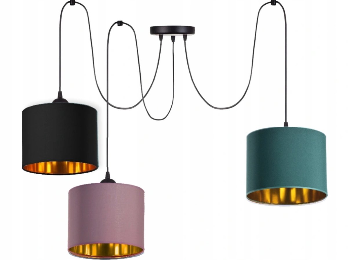 Merkloze Hanglamp met 3 Goudkleurige Kappen, E27 Fitting, 300cm Kabel