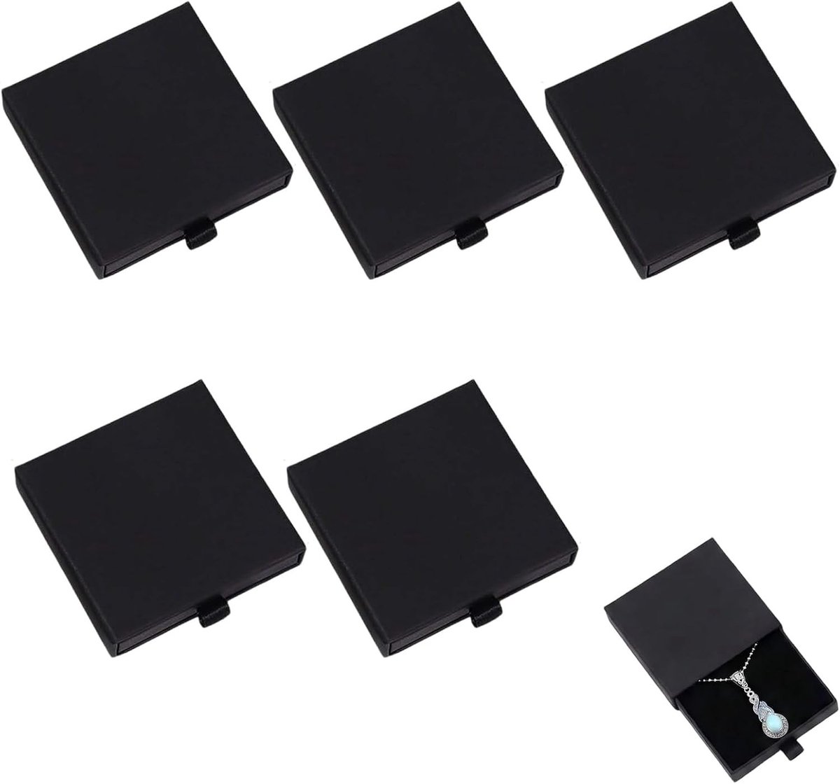 Zwarte sieradenboxen set van 5 – Kartonnen sieradenopbergdozen 7x7x1.8cm – Luxe geschenkverpakking voor ringen en kettingen voor mannen en vrouwen