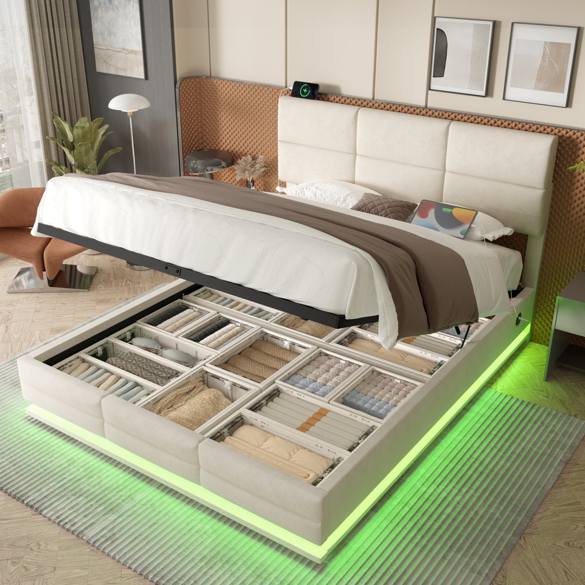 Gestoffeerd opbergbed met LED en USB-C - 160x200 cm - 2 personen - Beige - Hydraulisch liftsysteem en XXL-opbergruimte - Verstelbaar hoofdeinde in 3 standen - Dimbare sfeerverlichting