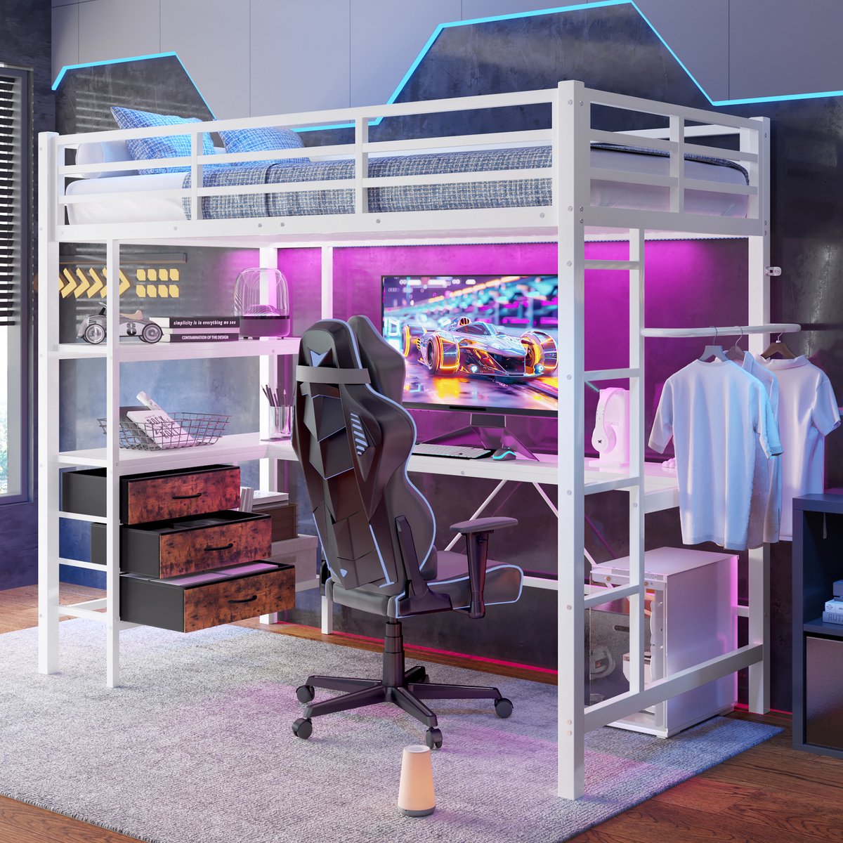 Hoogslaper 90x200 cm met bureau, LED en stopcontact - compact voor kinderkamer - wit - 3 laden, planken en kledingrek - veilige trap en hekwerk - stevig metaal en MDF