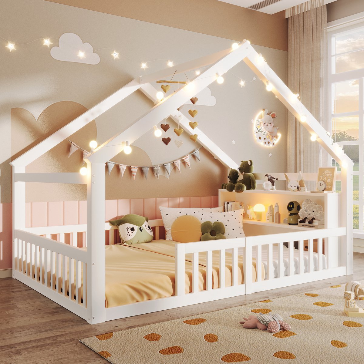 Huisbed met LED-verlichting en veiligheidshek - sprookjesachtig voor kinderkamer - 140x190 cm eenpersoons - wit - massief grenenhout en open legplanken - inclusief lattenbodem