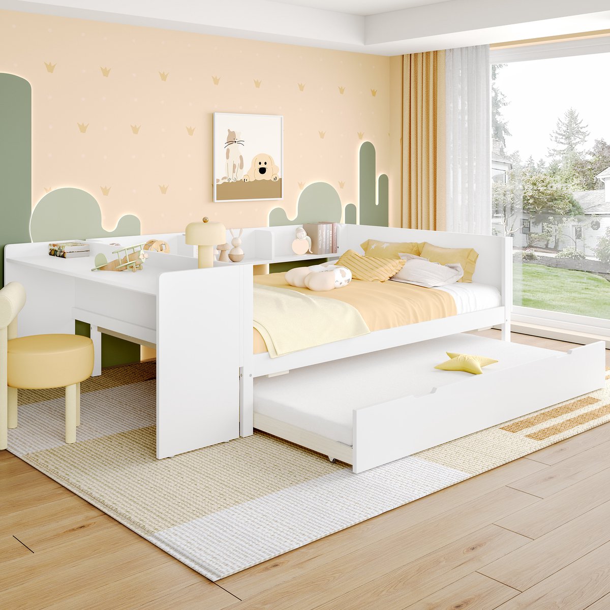 Bed met bureau en uitschuifbed - compact en ruimtebesparend - 140x200 cm tweepersoons - wit - 90x190 uitschuifbed en 3 planken - grenen en spaanplaat - inclusief lattenbodem