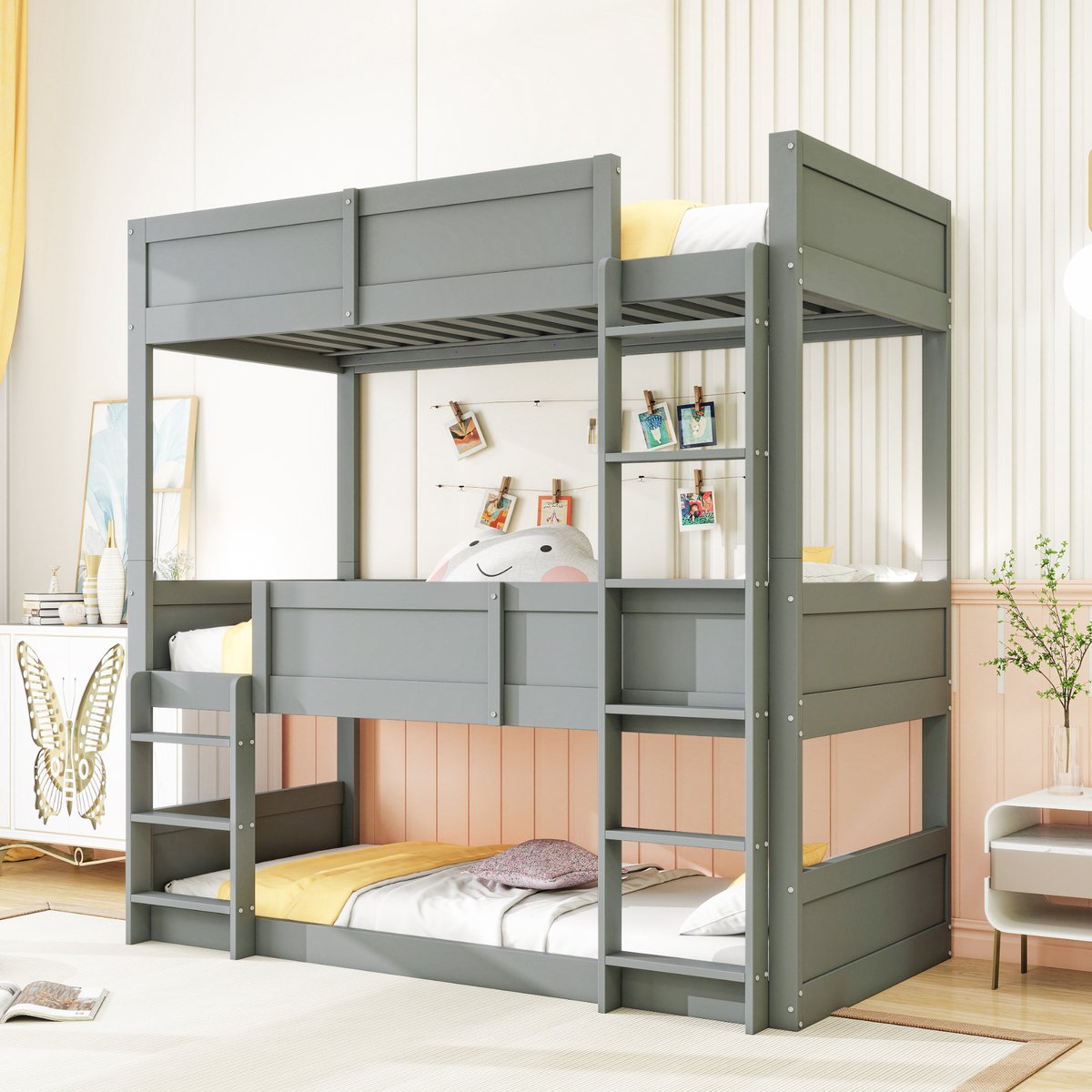 Stapelbed met 3 bedden - 90x200 cm eenpersoons - Grijs - Modulair en flexibel om te bouwen - Hoog veiligheidsrek - Geschikt voor kinderkamers
