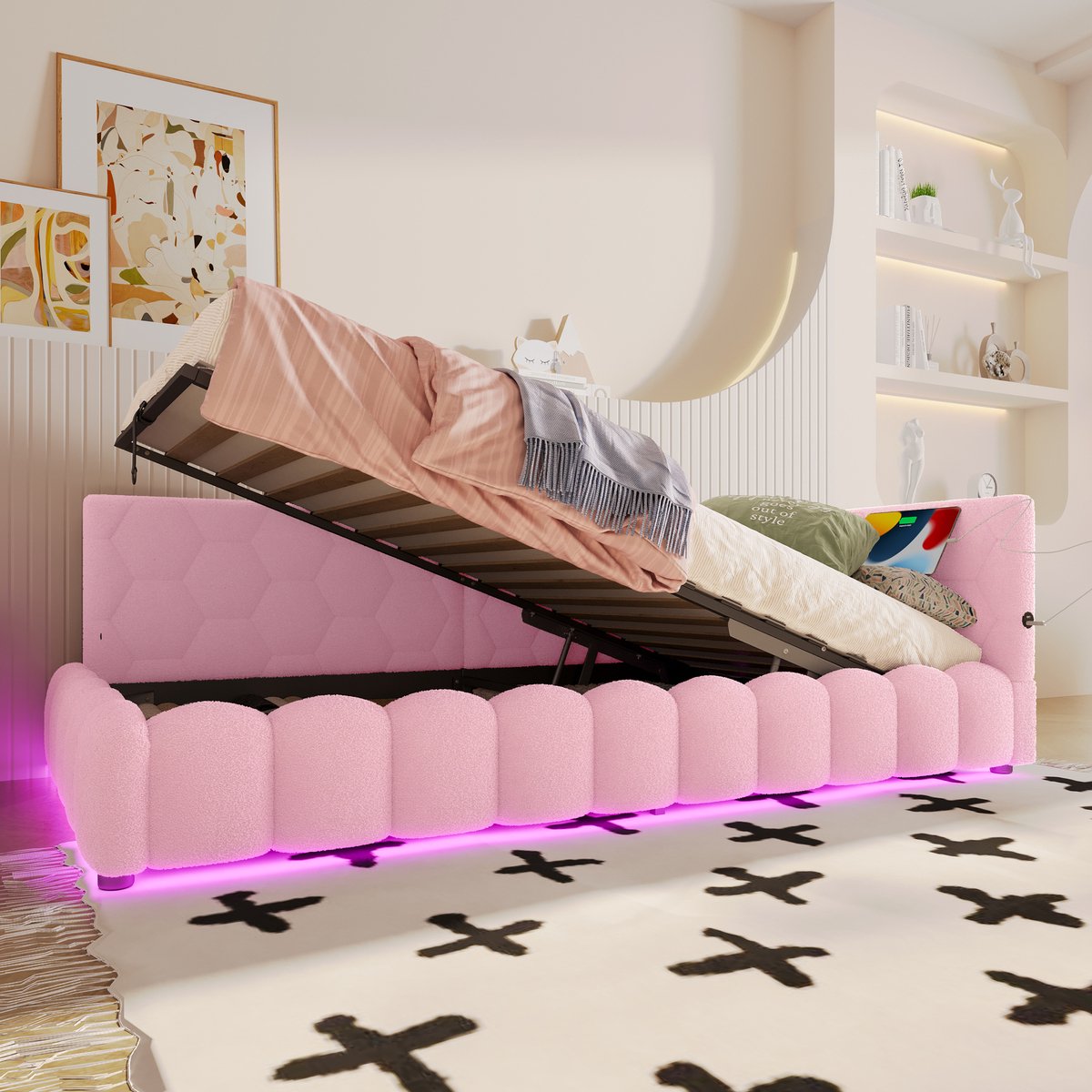 Dagbed met hydraulische opberging, LED, USB en Type-C - 90x200 cm eenpersoons - Roze - Zachte teddy stof - Meerkleurige sfeerverlichting - Inclusief lattenbodem
