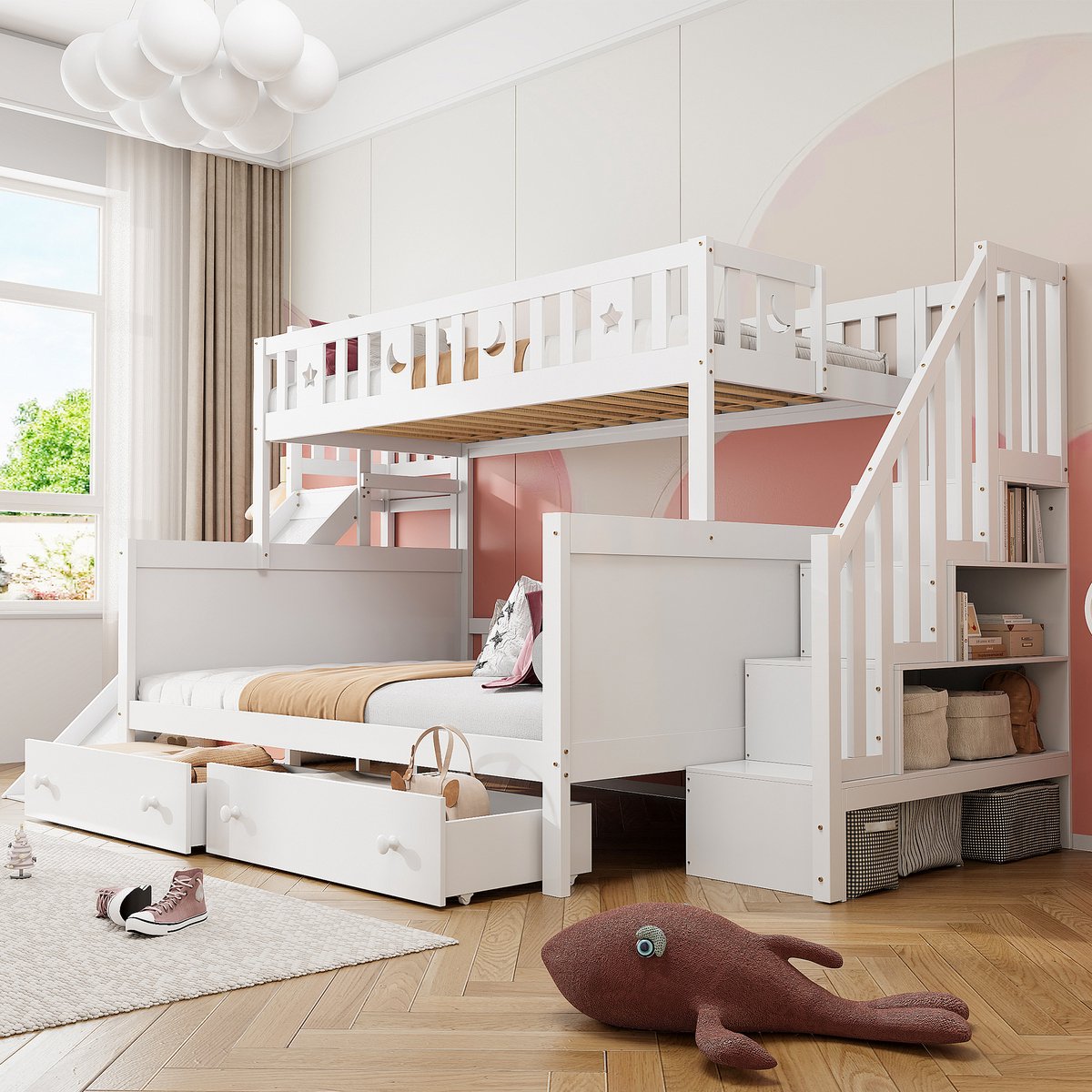 Houten kinder stapelbed met glijbaan en opbergtrap - bovenbed 90x200 cm, onderbed 140x200 cm - wit - twee grote uittrekbare lades - massief grenen - lattenbodems inbegrepen