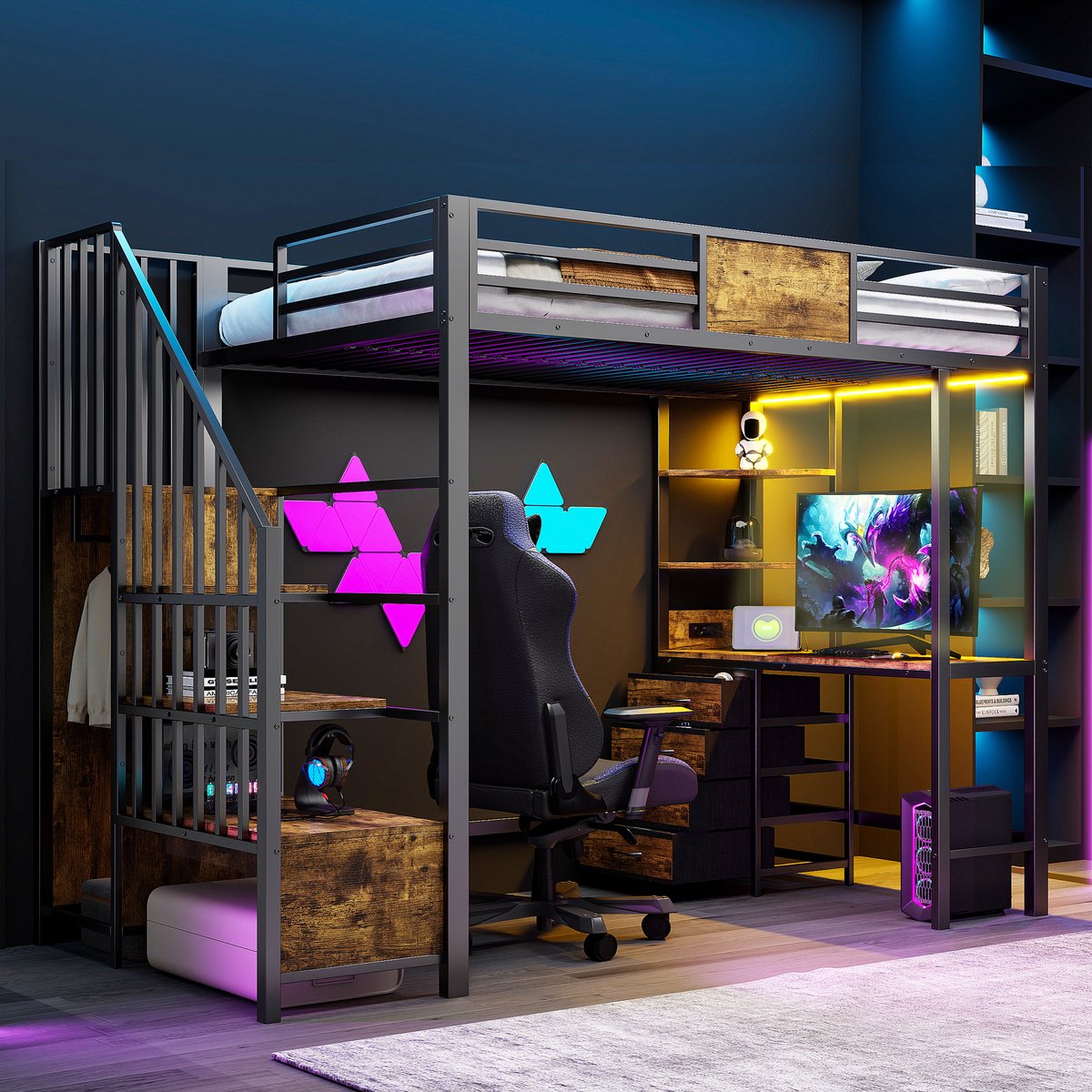 Metaal hoogslaper 90x200 cm - met bureau, opbergvakken en kledingroede - eenpersoons - zwart - LED-verlichting en stopcontact - ideaal voor kleine ruimtes
