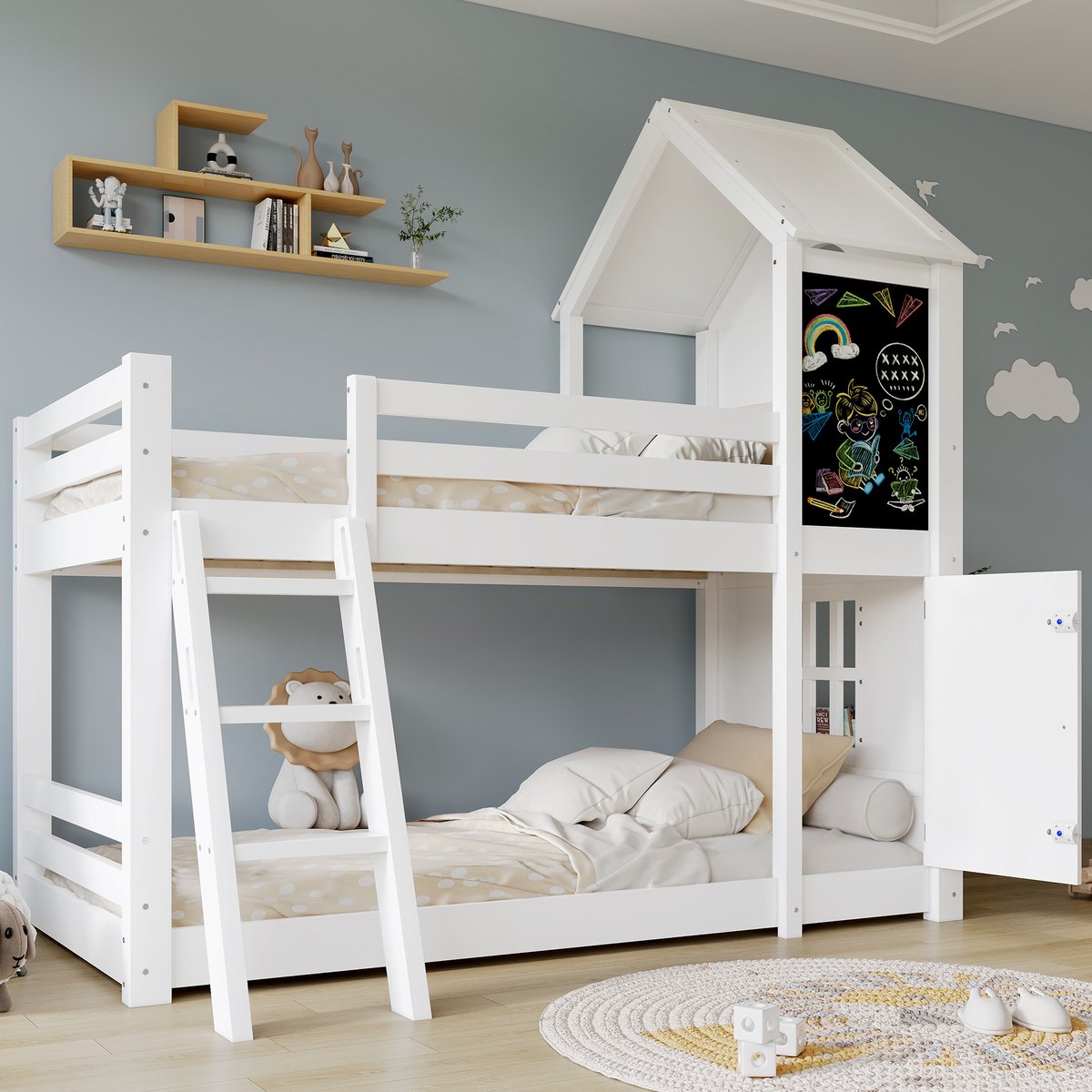 Kinderstapelbed met krijtbord en speeldeur - 90x200 cm eenpersoons - Wit - Huisdesign met ramen en dak - Schuine ladder met 3 treden - FSC-gecertificeerd hout