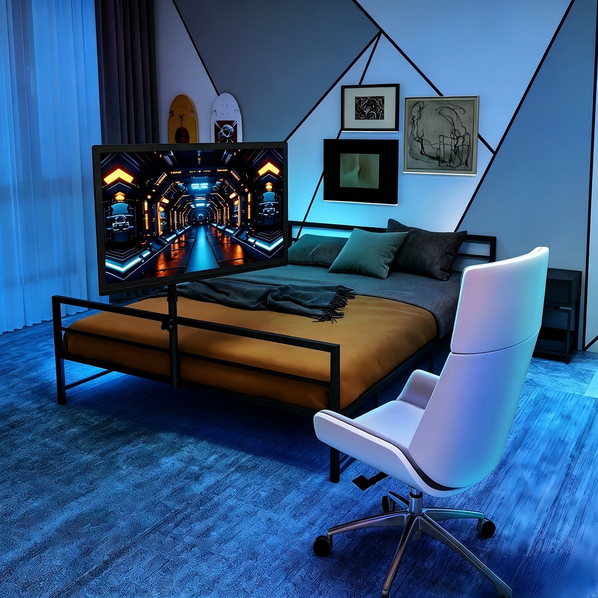 Gaming bed met monitorbeugel en LED-verlichting - 90x200 cm eenpersoons - Zwart - Verstelbare monitorarm met opbergmand - Afstandsbediening voor meerkleurige sfeerverlichting - Stabiel metalen frame tot 150 kg