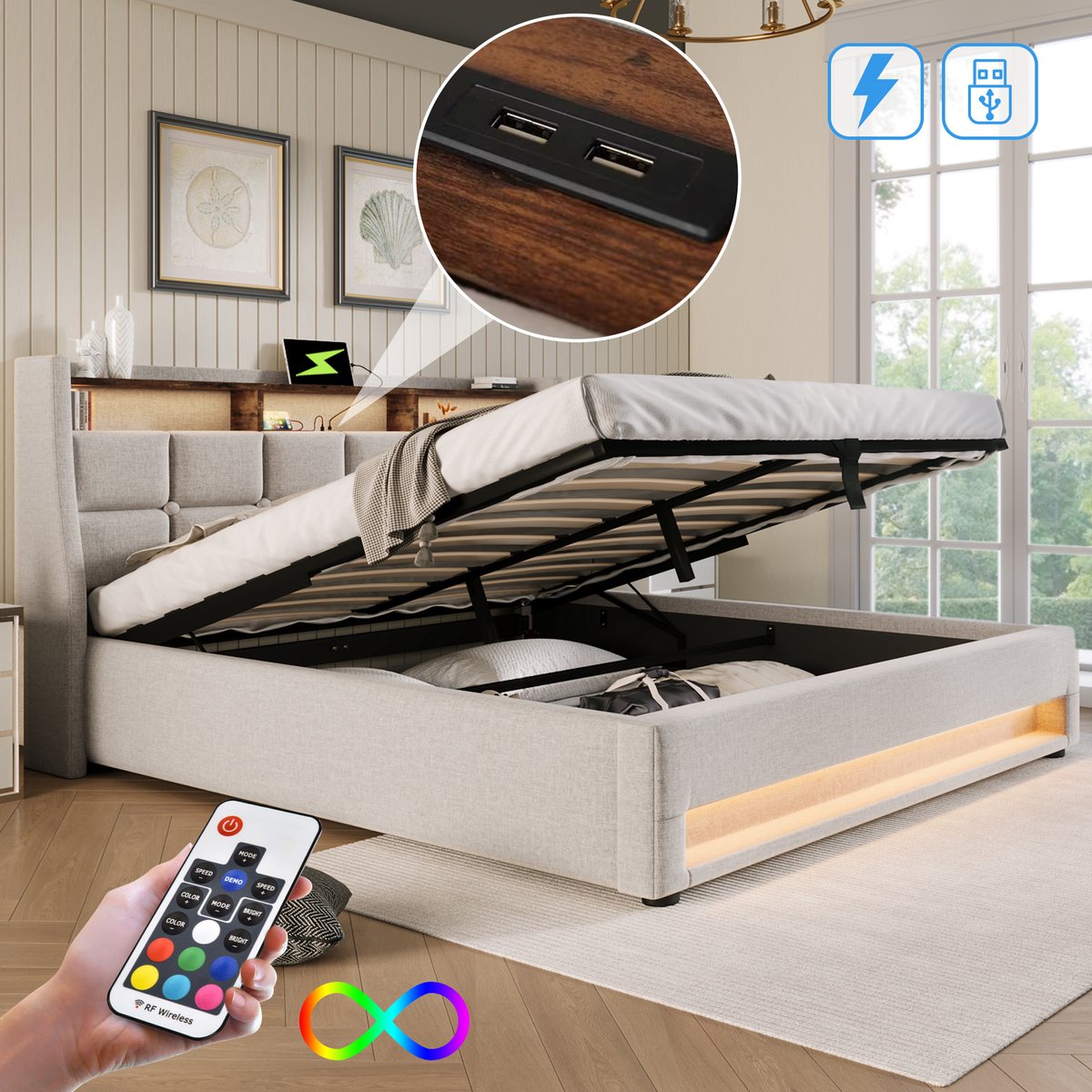 Gestoffeerd bed met LED, USB en opbergruimte - 180x200 cm tweepersoons - Lichtbeige linnen - Vintage hoofdbord met afstandsbediening - Gasveer-opbergruimte - Inclusief lattenbodem