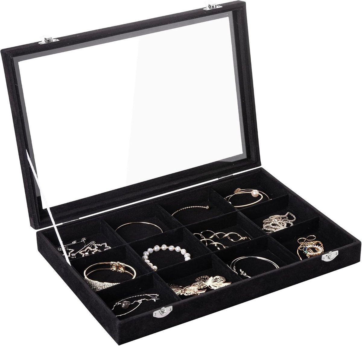 Velvet Sieraden Tray met 12 Compartimenten, Organiser met Duidelijke Deksel, Sieradenhouder voor Armbanden en Broches, 30 x 20 cm, Perfect Cadeau voor Vrouwen en Sieradenliefhebbers