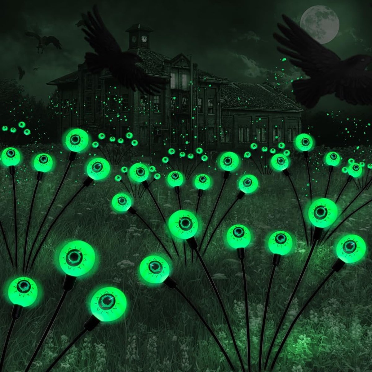 Halloween-buitenlampjes - schuddende ogen op zonne-energie - voor enge sfeer - voor tuin en oprit - decoratieve padlampen - voor feestliefhebbers - groen - 2 stuks