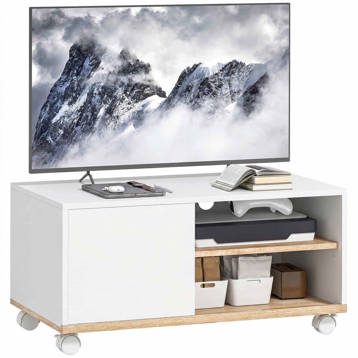 Sogiol® Verrijdbaar TV-meubel op wielen met remmen - tv-meubel met kast en verstelbare plank - wit en eikenhout