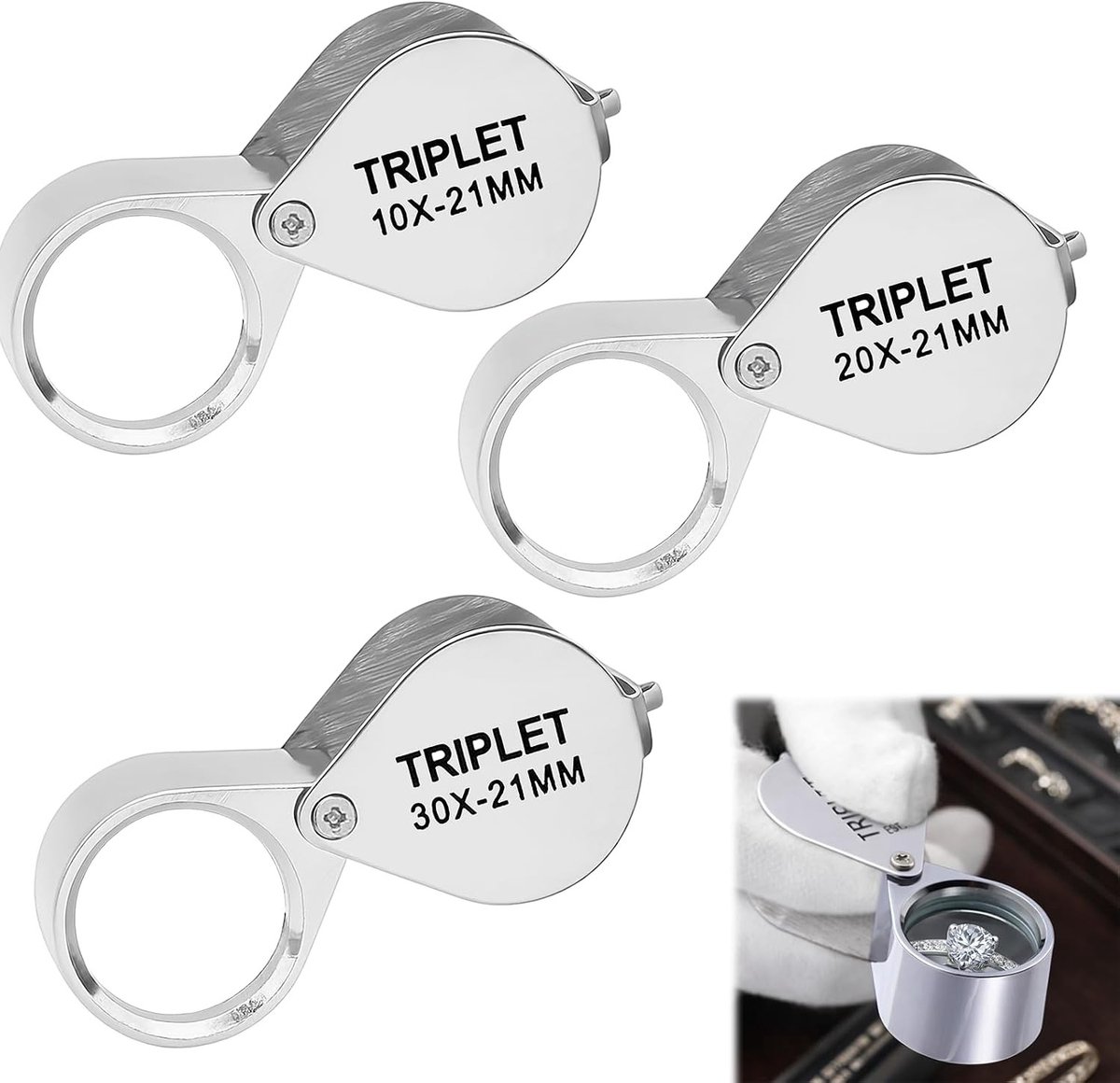 Vouwbare metalen loep voor juwelen, horloges en antiek - Set van 3, ideaal voor hobbyisten en verzamelaars