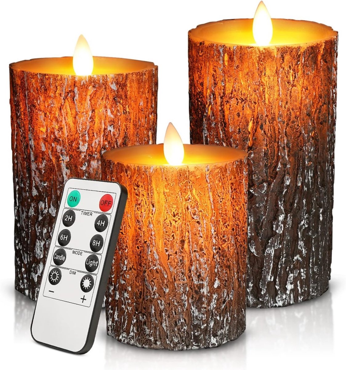 longziming - Flammenlose LED Kaars - Elektrische Stompkaars - Decoratieve Kaarsen - Instelbare Timer - Afstandsbediening Met Dimmer - Echt Was Met Berkenbast Look - Sfeervolle Verlichting Voor Woonkamer - 3 Stuks