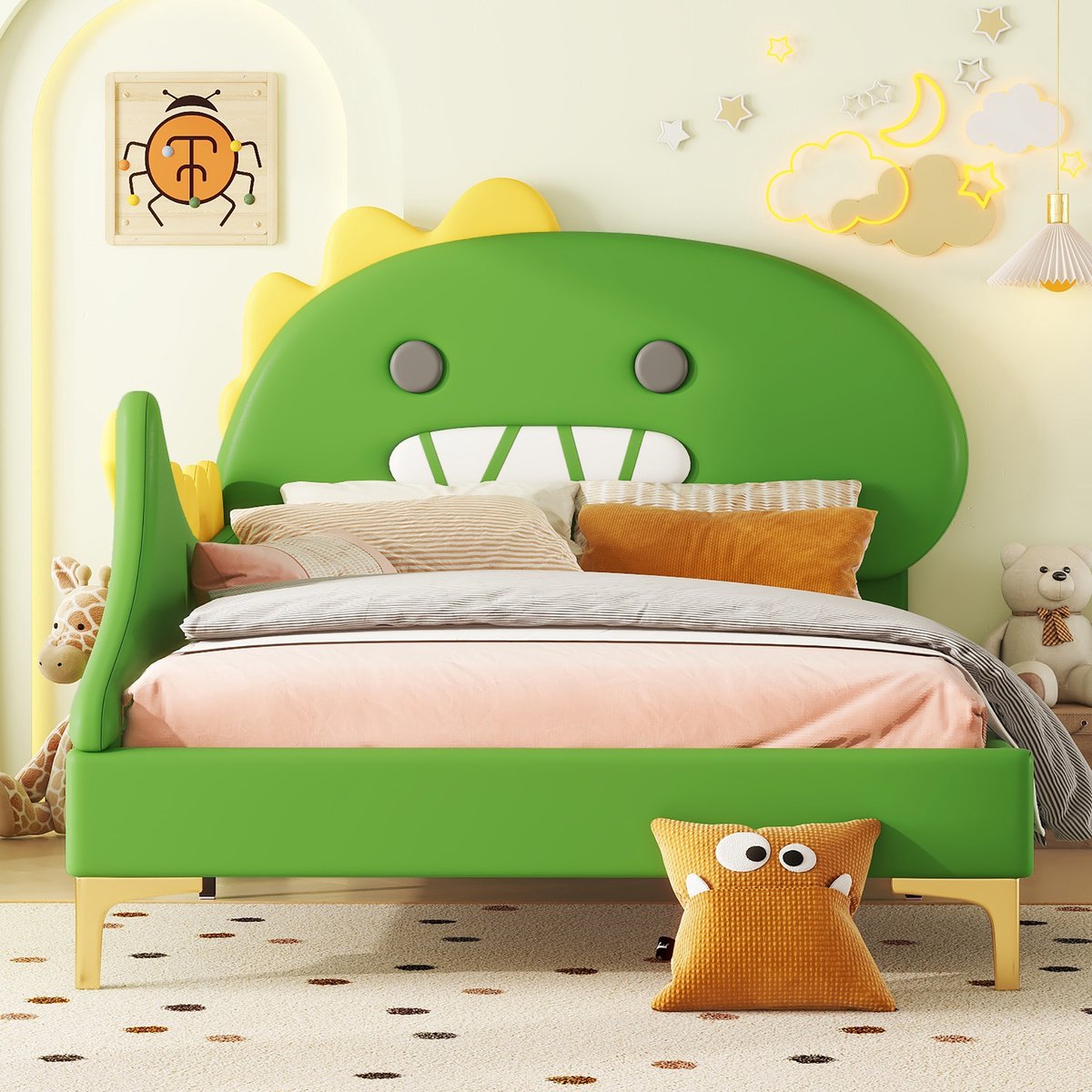 Dinosaurus kinderbed 90x200 cm - Groen - Zacht en duurzaam PU-materiaal - Uniek cartoon hoofdeinde in dinovorm - Inclusief stevige houten lattenbodem - Geschikt voor fantasierijke kinderkamer