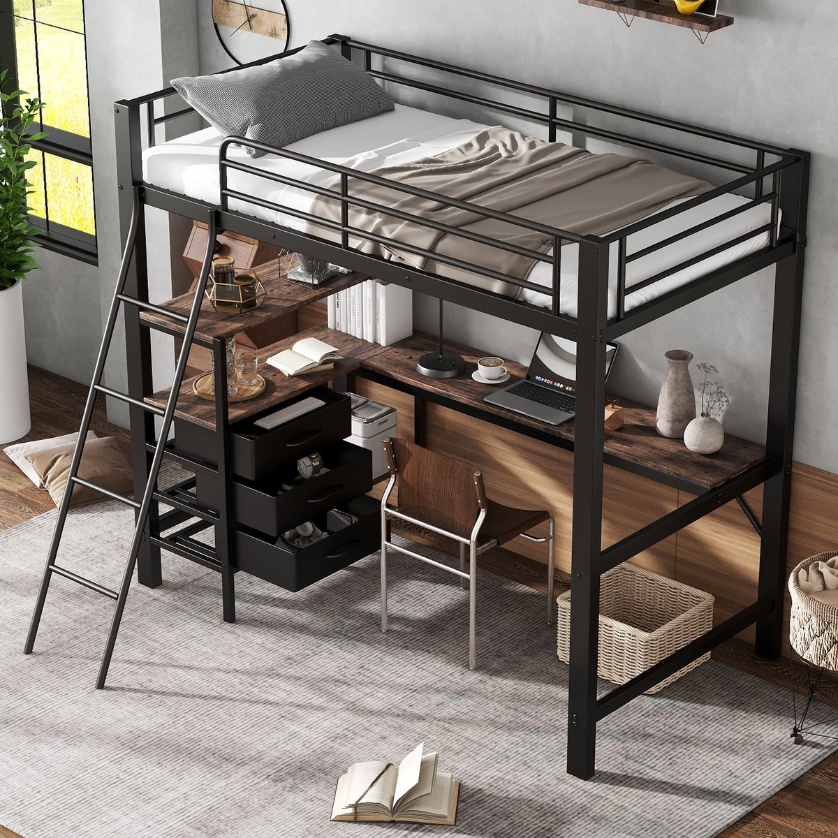 Metalen stapelbed 90x200 cm - met bureau, 3 lades en boekenplank - voor kind en tiener - zwart+donker walnoot - veilige 4-traps schuine ladder - EN747 gecertificeerd